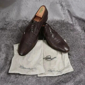 Santoni Grained Leather Burnished Espresso Derby Shoes 13 Made in Italy